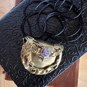 Unique Rare Vintage 1980's Brass & Amethyst Handmade Cross Body Purse Necklace